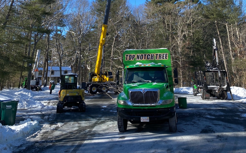 The Top Notch Tree crane and equipment positioned on frozen ground for safe winter tree removal on a South Shore property.