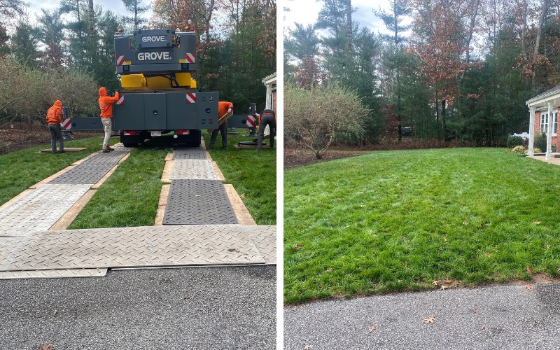 Top Notch Tree crew setting up a crane in a front yard using plywood and AlturnaMATS for lawn protection, with a team member placing outrigger pads carefully.