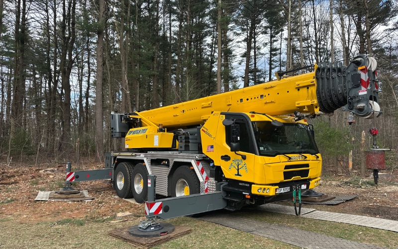 A yellow tree removal crane with ground protection mats properly positioned for safe tree removal near a South Shore home.