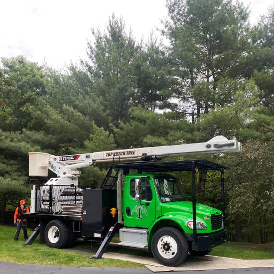 Top Notch Tree's green bucket truck in a client's yard parked for tree pruning and trimming with one of their arborists behind it.