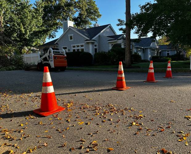 Cones set up around the area where Tree services will be done by Top Notch Tree for safety and precautions.