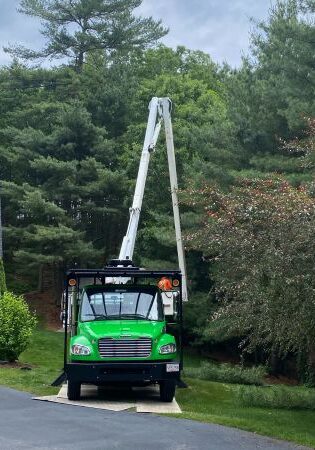 A green truck with a white bucket owned by Top Notch Tree lifting one of their arborists to prune a nearby tree.